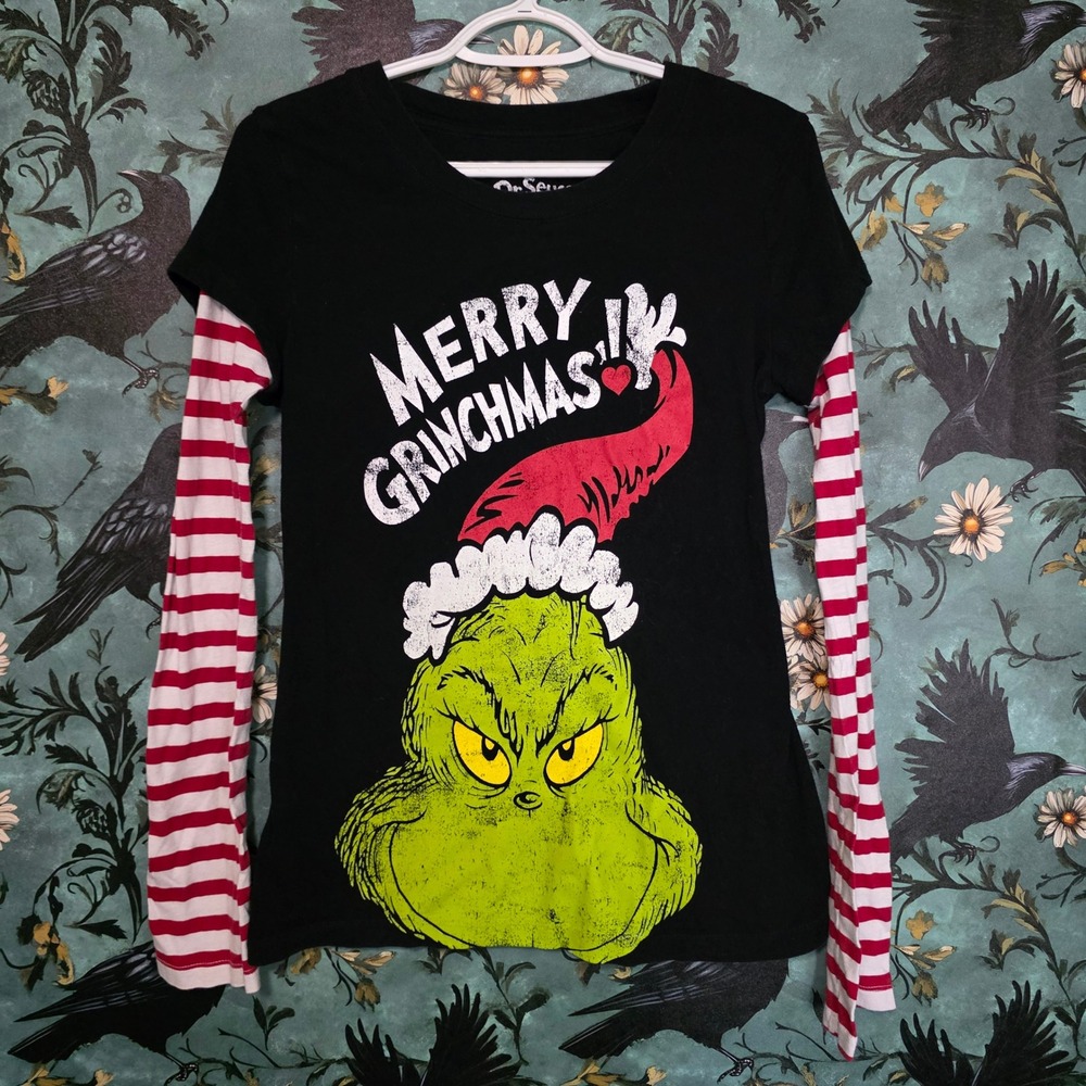 Dr. Seuss Grinch T-Shirt Layered Long Sleeve Merry Grinchmas Striped Y2K